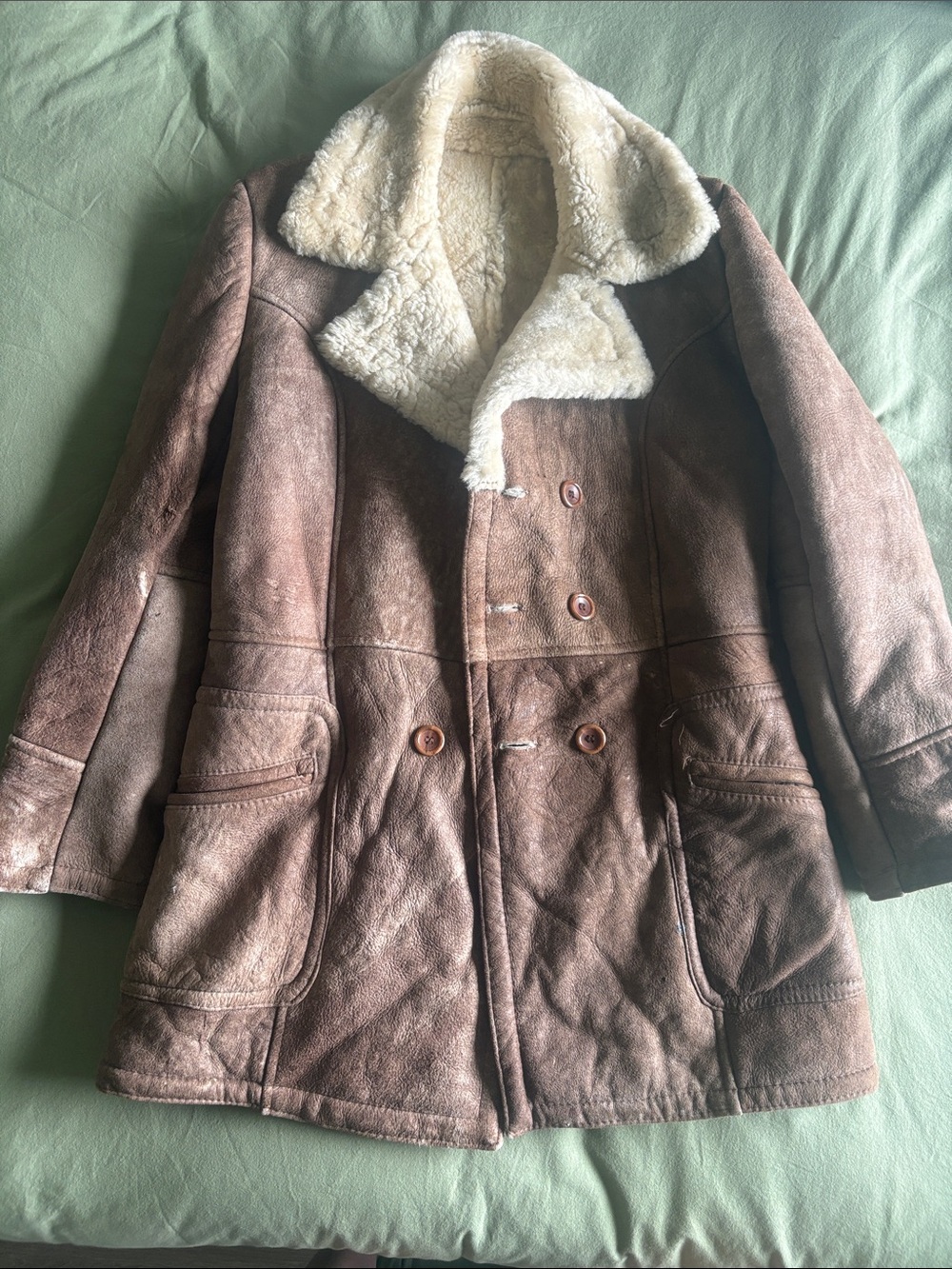 Cosa Nova Vintage Brown Shearling Suede Coat with Cream Shearling Collar